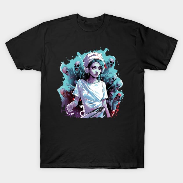 Halloween Zombie Nurse with Headphones Surrounded by Restless Spirits T-Shirt by InkInspire